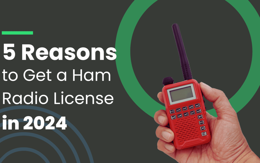header image for 5 reasons to get a ham radio license in 2024 with a hand holding an orange handheld ham radio