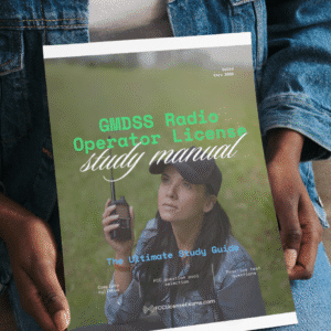 a woman holding the gmdss operator license study manual in her lap