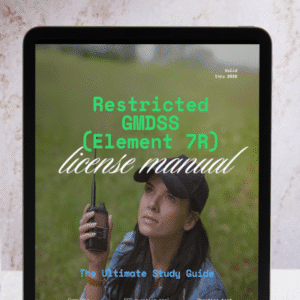 Restricted GMDSS Element 7R license study manual cover displayed on a tablet