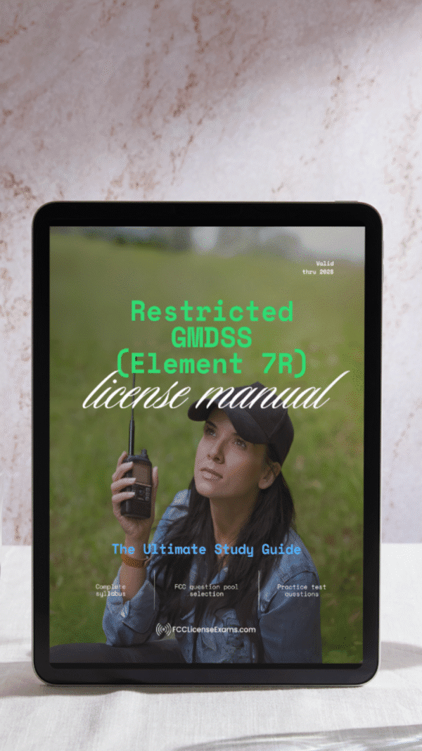 Restricted GMDSS Element 7R license study manual cover displayed on a tablet
