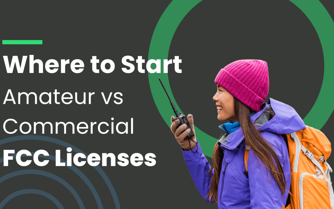 graphic displaying the title of the post and a woman smiling and using a handheld ham radio