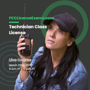 Cover image for Technician Class Live Course with image of young woman wearing a cap and using a handheld ham radio device